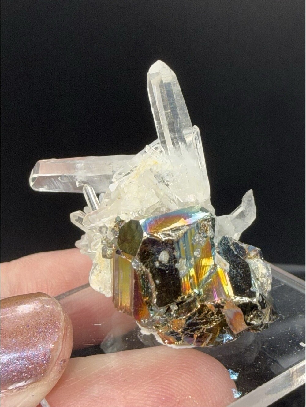 Naturally Iridescent Pyrite on Quartz Crystal Specimen Indonesia